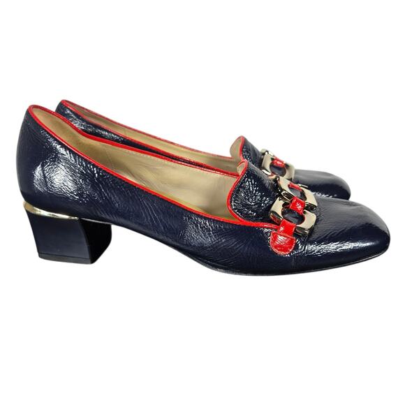 Marc by Marc Jacobs Pumps Womens 38 Navy Red Patent Leather Chain Heeled Loafers - Picture 2 of 14